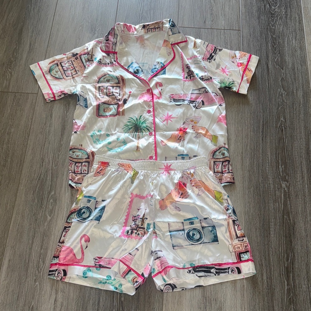 White Satin Vacation Print Pajama Set with Pink Trim